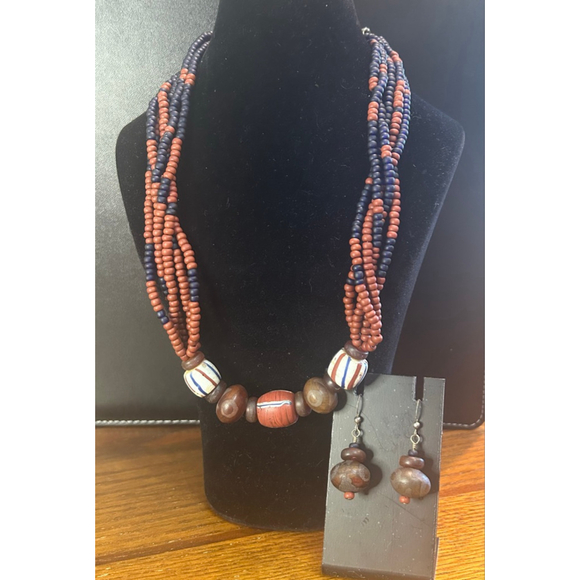Unbranded Jewelry - Women's artisan trading bead style Necklace & Earrings Set, OS, Brown & Blue